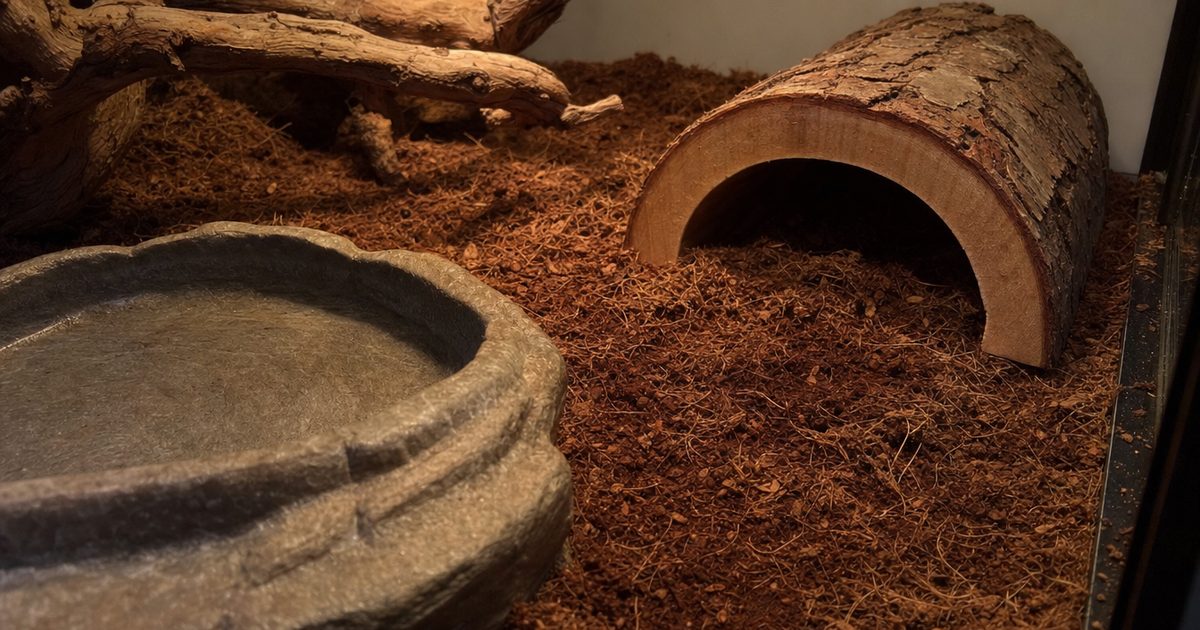 The floor of a ball python vivarium with deep loose substrate, a half-log hide and a heavy water bowl.