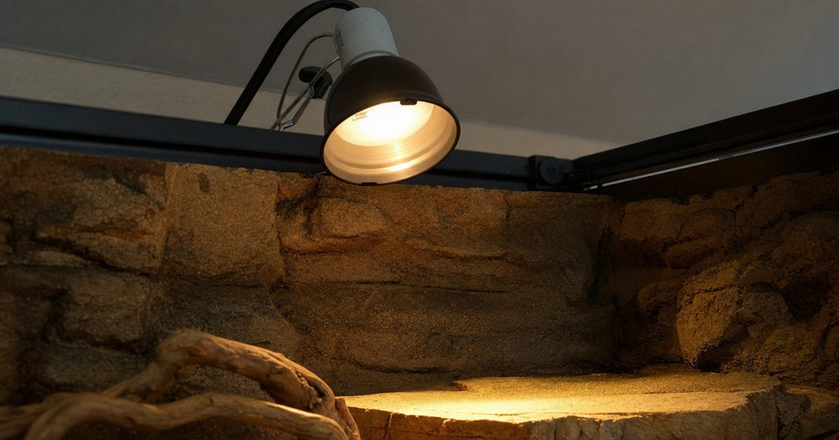A reptile basking bulb in a dome reflector glowing over a flat basking rock in a desert terrarium.