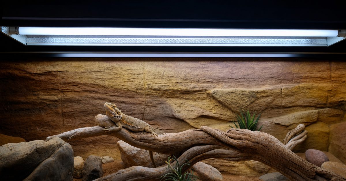 A linear UVB tube fixture glowing over a bearded dragon resting on a branch in a desert vivarium.