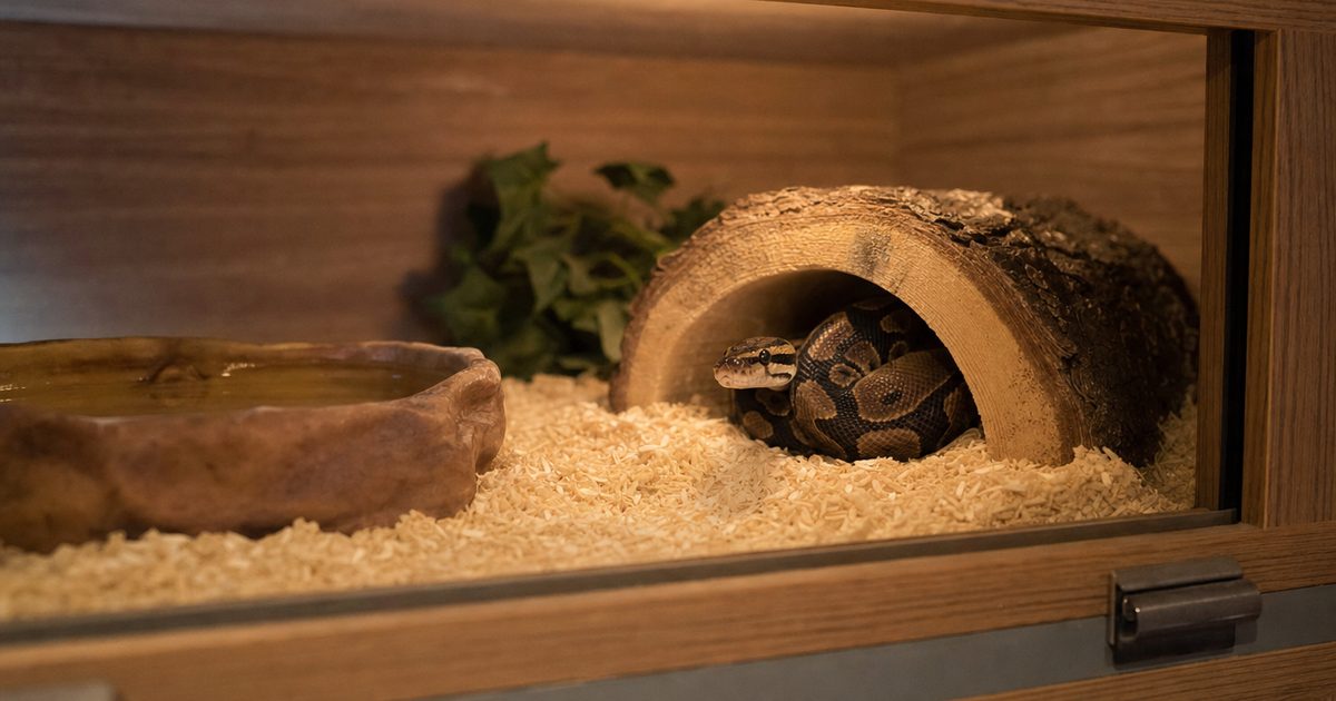 A ball python coiled inside a hide in a wood-grain vivarium.