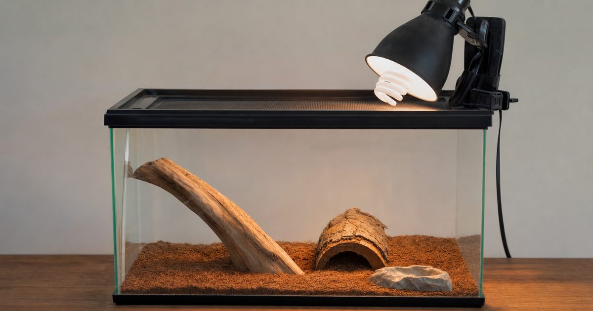 A small glass terrarium starter setup with a clip lamp.
