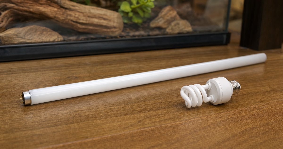 A linear UVB tube fixture mounted over a reptile terrarium.