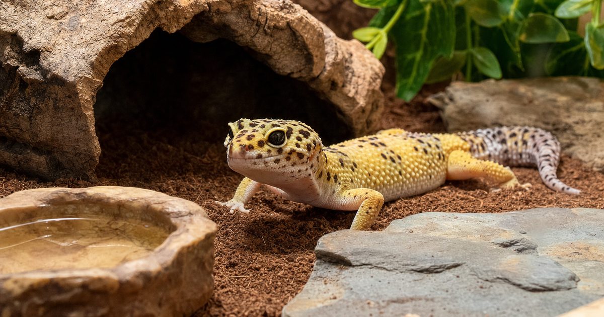 A leopard gecko resting in a planted terrarium with a hide.