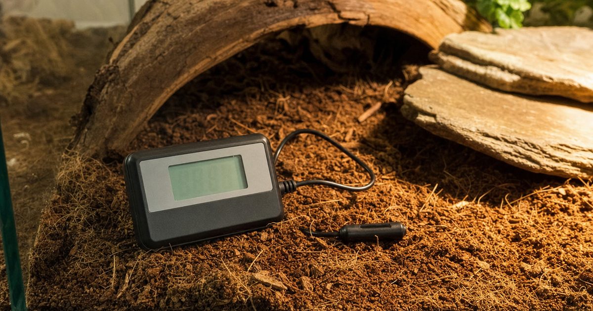 A digital thermometer probe placed on the floor of a terrarium.