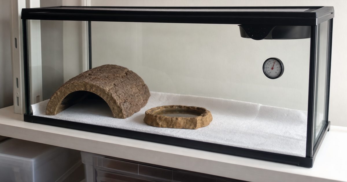A simple terrarium with a hide and water dish.