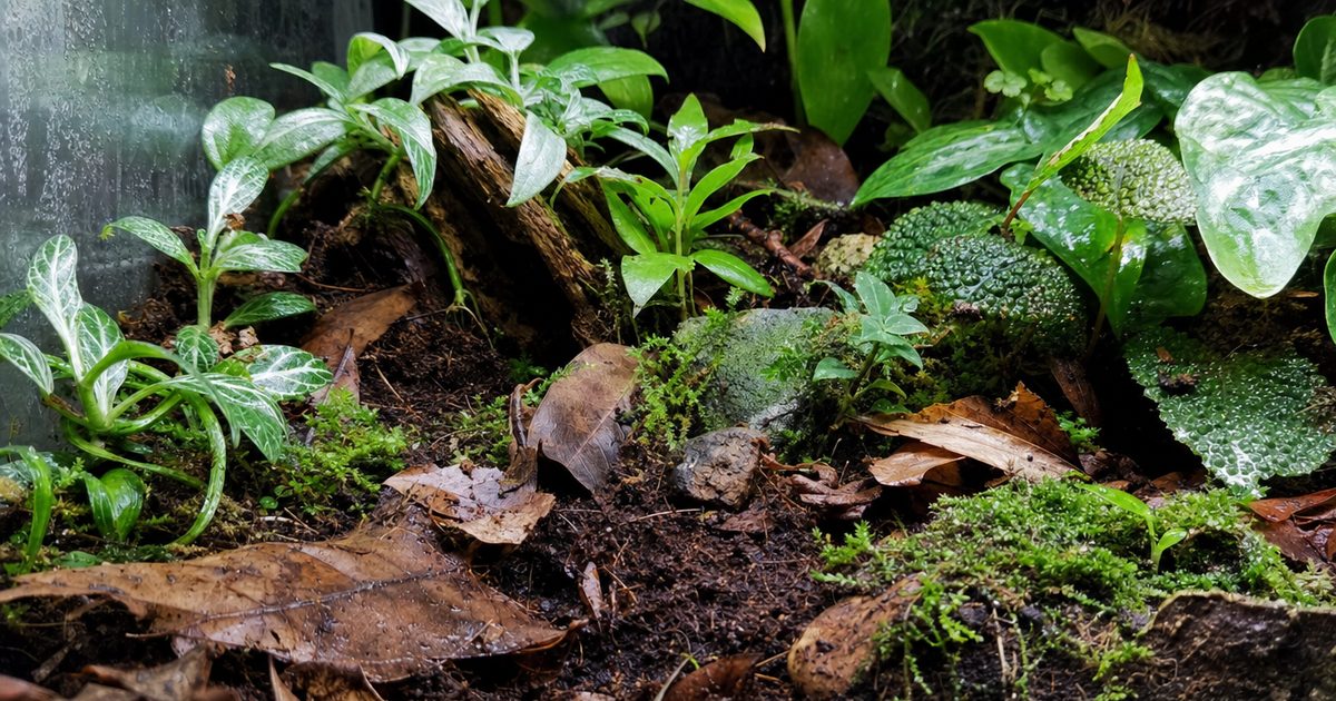 A planted terrarium floor with naturalistic substrate.
