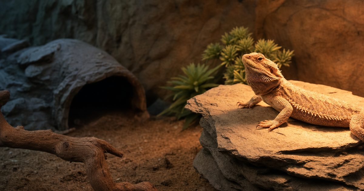 A bearded dragon basking under a heat lamp at the warm end of a vivarium.