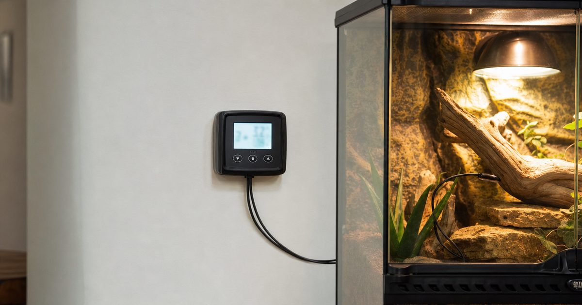 A basking lamp over a terrarium warming a basking spot.