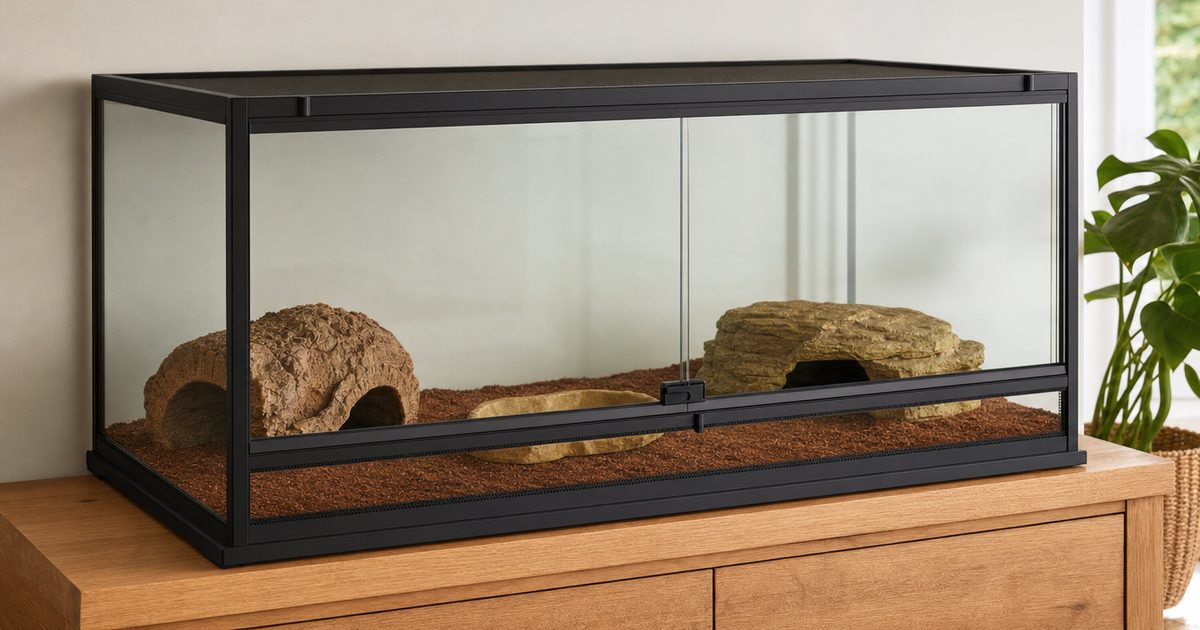A modern glass reptile terrarium enclosure with a black frame and front-opening doors set up with substrate, hides and a water dish.