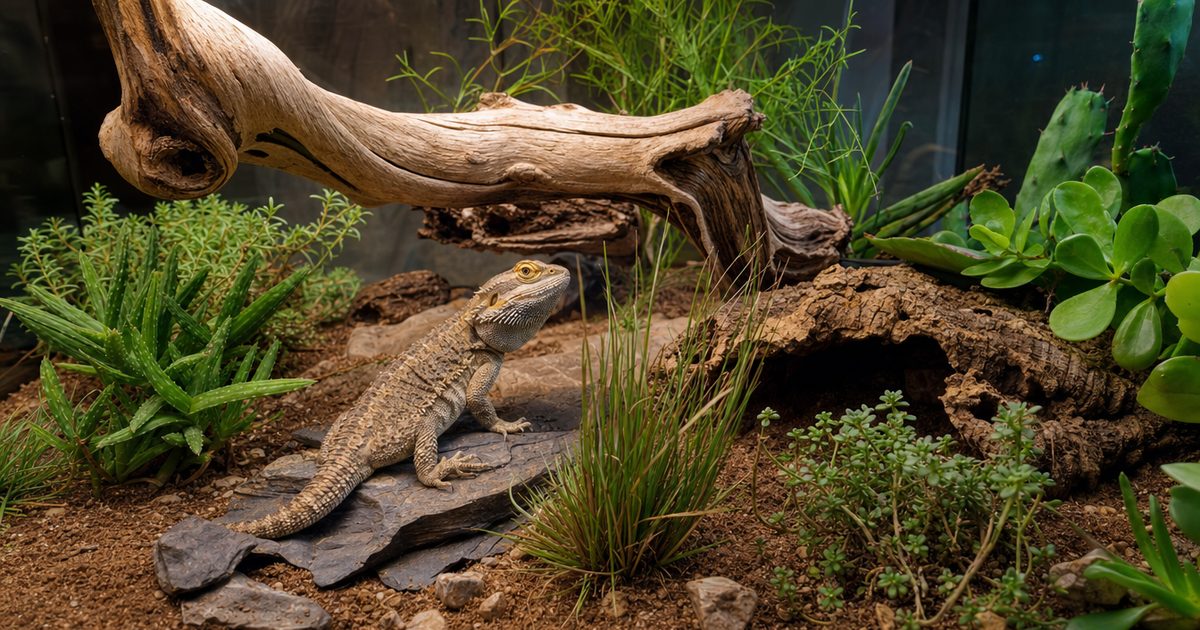 A naturalistic bioactive bearded dragon habitat with sandy substrate, slate rocks, a cork-bark hide and live plants.