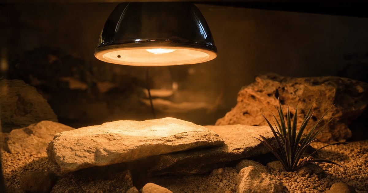 A reptile dome heat lamp mounted over an enclosure casting warm light onto a flat basking rock.