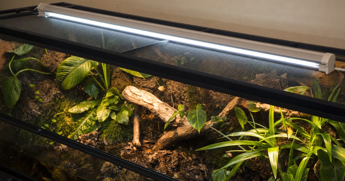 A linear UVB tube fixture glowing above a naturalistic reptile terrarium.