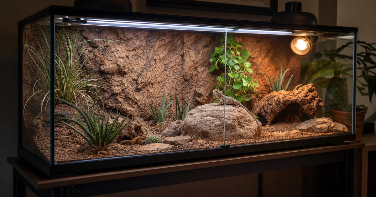 A beautifully set-up bioactive reptile vivarium on a stand with a bearded dragon, a UVB tube, a basking lamp, live plants and a hide.